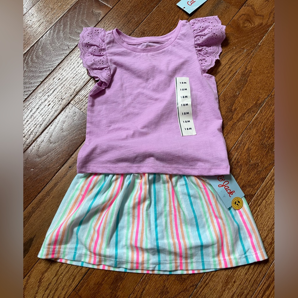 NWT Cat & Jack Purple Ruffle Sleeve Top with Striped Skirt, Size 18 M